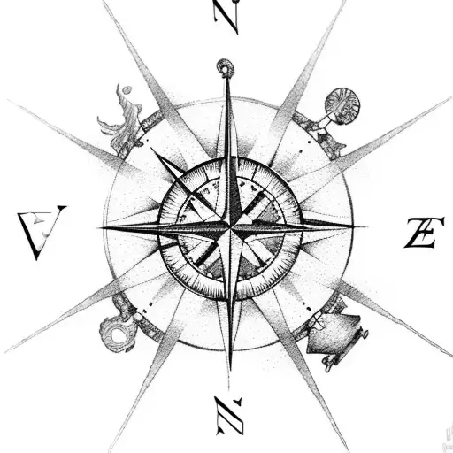 A Compass Rose With Waves And A Scuba Diver