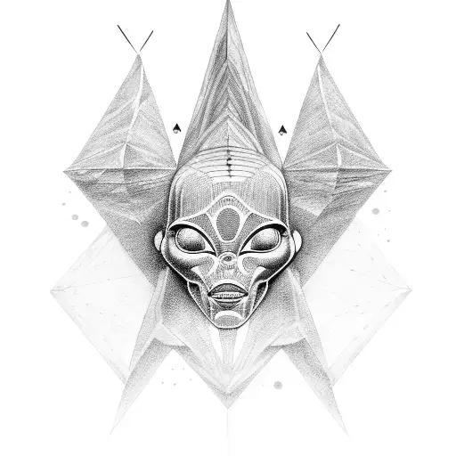 A Dotwork Tattoo Of An Alien Spaceship Hovering Over The Great Sphinx