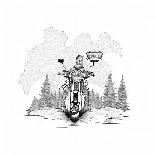 Camping By Lake And A Road Goes Through A Forrest And Turns Back To See A Biker On A Harley Chopper