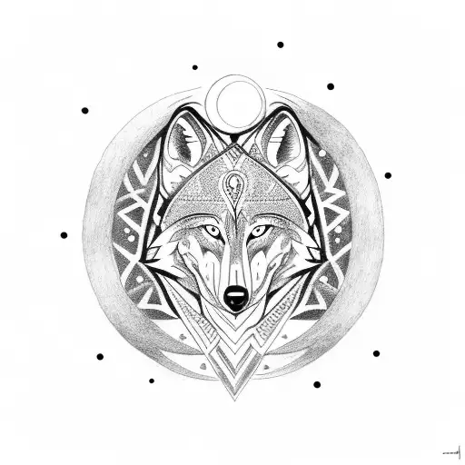 Round Tribal Tattoo With A Wolf And Moon For Shoulder