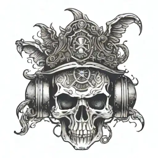 Intricate Skull Design Incorporating Fire Department Logo Elements