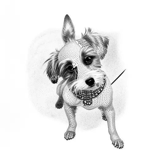 A Dotwork Tattoo Of A Dog And A Child Playing Together