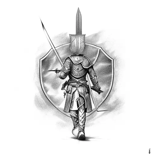 Wounded Warrior On Knee With Sword And Shield And Arrow In His Back