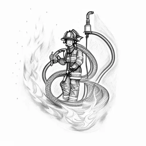 Profile View Of Firefighter With A Fire Hose Issuing Flame