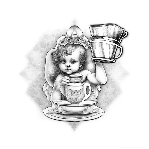 A Cherub Holding A Coffee Cup And A Laptop