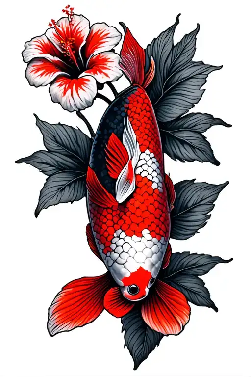 Small Koi Fish Hibiscus Flowers With Red Ink