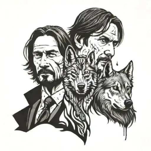 A Stylized John Wick Portrait With A Wolf Companion In A Dotwork Style
