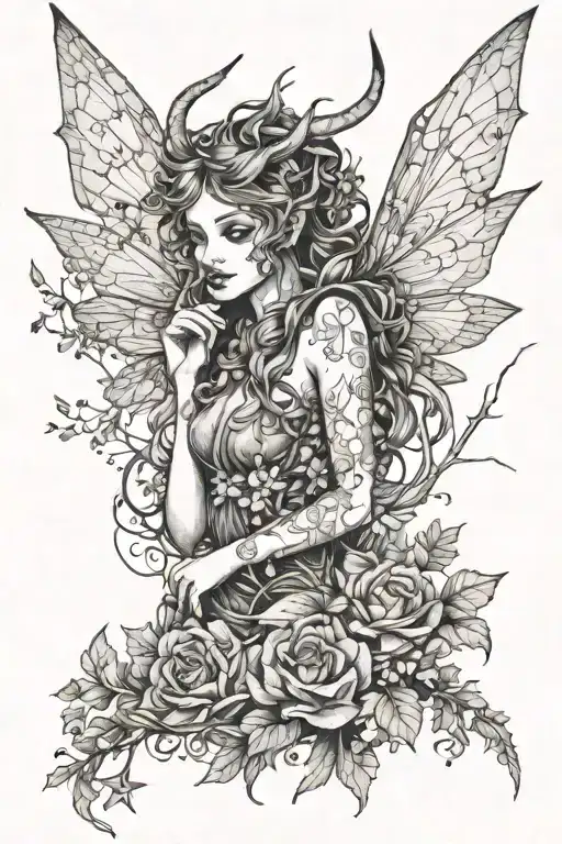 Creepy Forest Fairy With Horns And Wings Flying