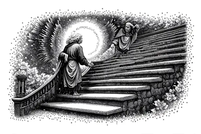 A Grandmother Climbing The Stairs To Heaven