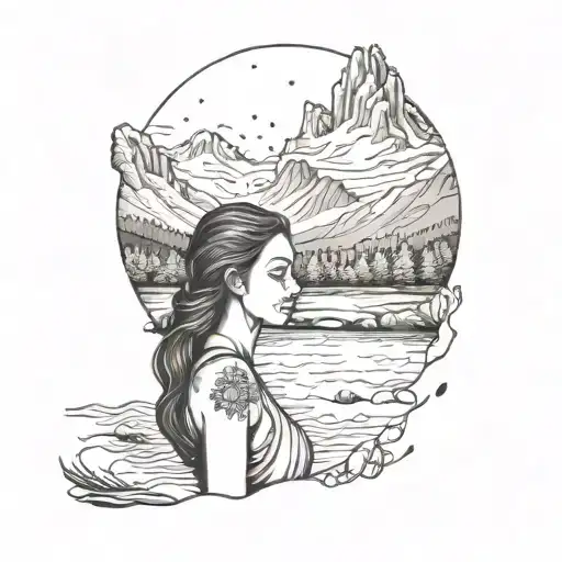 An Attractive Woman By The River With A Mountain Range Background