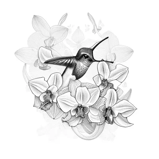 Hummingbird Sorrounded By Orchids