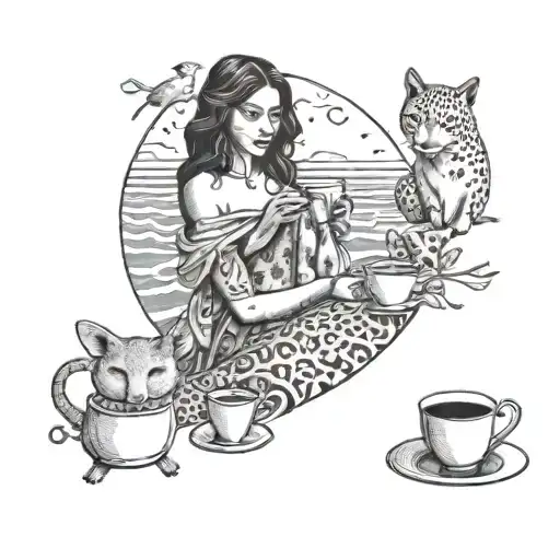 A Tattoo Of A Latina Woman Enjoying A Cup Of Coffee On The Beach Surrounded By Animals