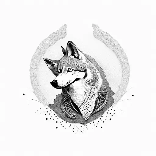 A Soldier's Silhouette Filled With Intricate Dotwork Patterns Featuring A Wolf And A Raven