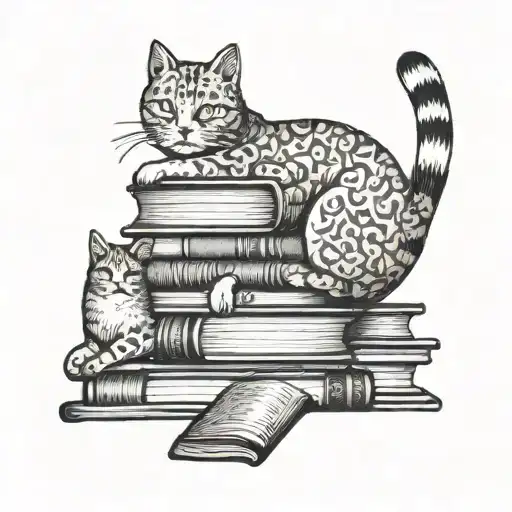 A Bookshelf Filled With Cat-themed Books And A Cat Lounging On Top
