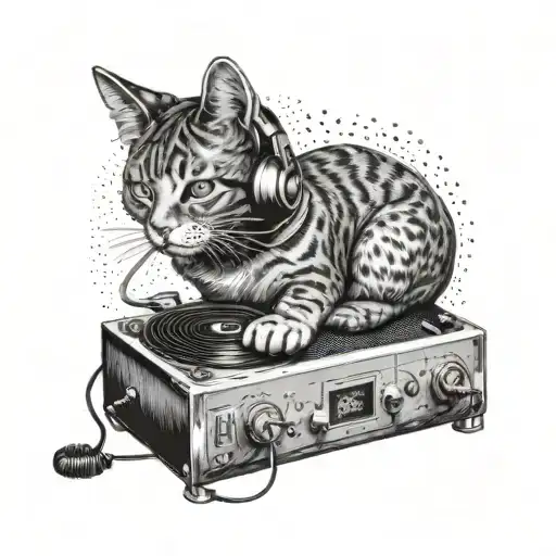 A Cat Wearing Headphones And Listening To Music On A Vintage Record Player