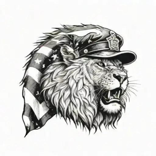 A Patriotic Scene Of A Lion Wearing A Police Uniform Saluting The American Flag