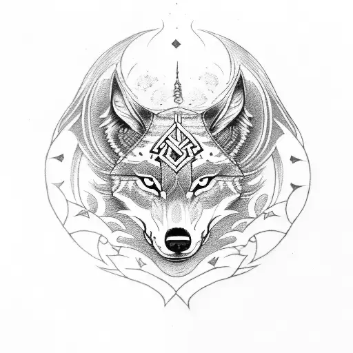 An Intricately Designed Wolf Head With Viking Symbols Incorporated