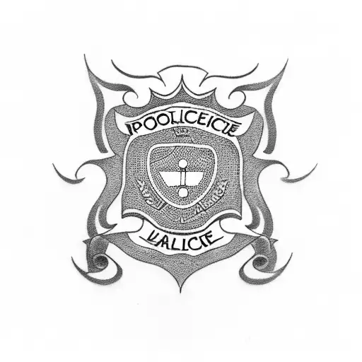 A Dotwork Tattoo Of A Police Badge With The Client's Family Names Incorporated Into The Design