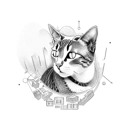 A Dotwork Design Of A Cat Sitting On A Pile Of Pc Components