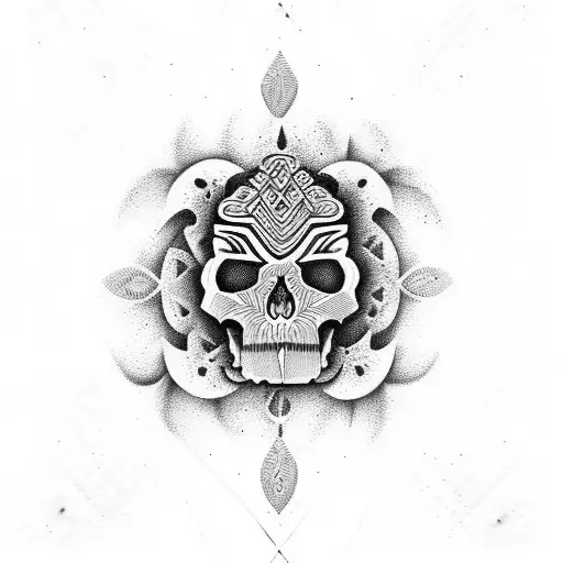 Abstract Maori Patterns With Red Flowers And A Skull