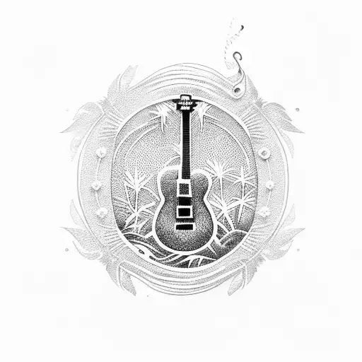 A Dotwork Tattoo Of A Guitar Surrounded By Palm Trees And Ocean Waves