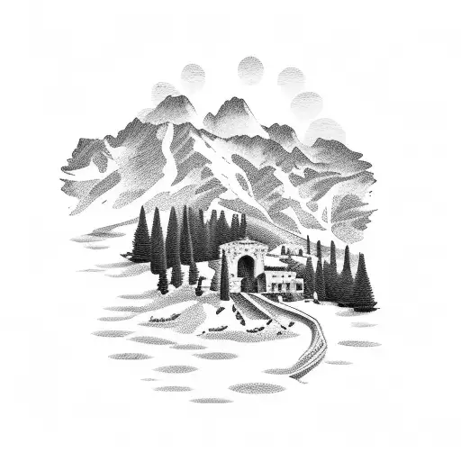 A Dotwork Tattoo Of A Beautiful Italian Landscape With A Silhouette Of Lil Peep In The Foreground