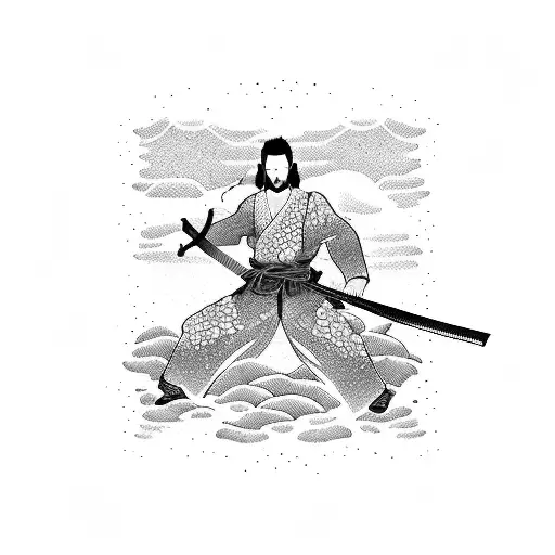 A Dotwork Tattoo Of A Protective Man Holding A Katana With A Japanese Landscape In The Background