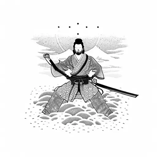 A Dotwork Tattoo Of A Protective Man Holding A Katana With A Japanese Landscape In The Background