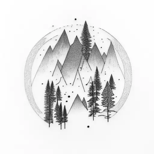 Minimal Tattoo Of Mountain With Pine Trees And Moon With Stars