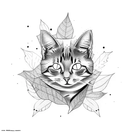 Black Tattoo On The Arm With 2 Minimalistic Cats And Leaves Surrounding Them