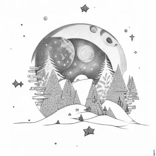 Himlayas Covered With Pine Tress With Moon And Stars