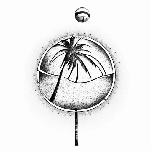 A Sketch Of A Beach Scene With Palm Trees And A Volleyball Flying Through The Air