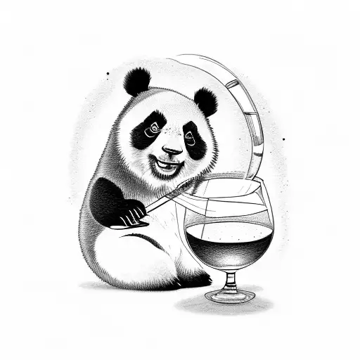 Tattoo Desing Of Cuddling Panda To The Wine Glass In Blackcale