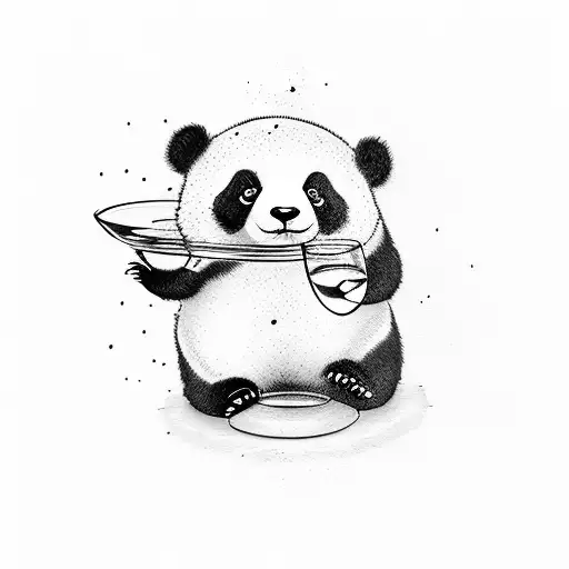 Cute Panda Tattoo Hugging Wine Glass Black And White