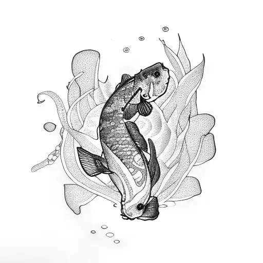 A Black And A Blue Koi Fish Swimming Under A Lotus Flower