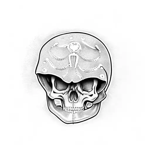 Skeleton With Biker Helmet In His Hand And A Cap On His Head