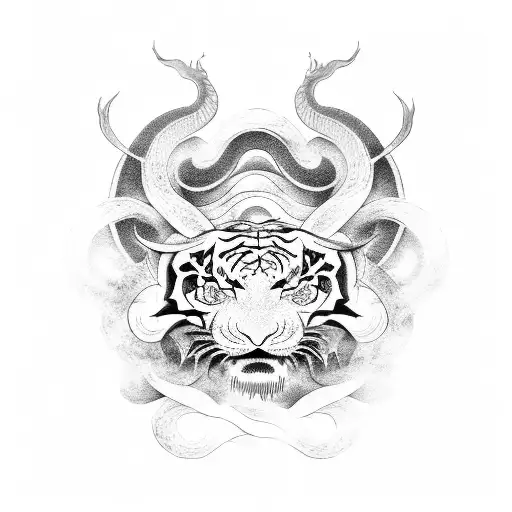 Chinese Characters Dragon Tiger Bull Intertwined