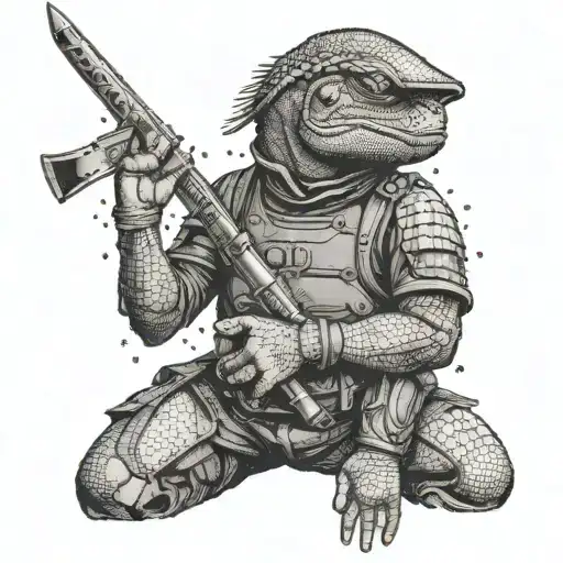 Soldier Half Human Half Chameleon With A Pen In His Right Arm And A Sword In His Left Hand