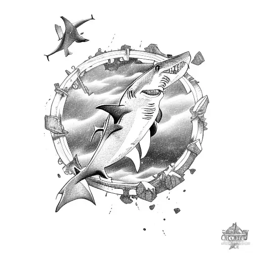 A Shark Swimming Through A Shipwreck With A Sky Background