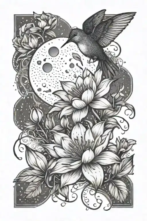 Moon And Humming Bird And Lotus Flower