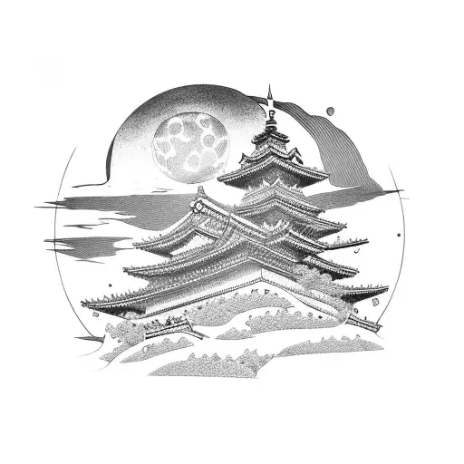 A Samurai On A Hill Wearing A Hat With A Red Moon In The Background