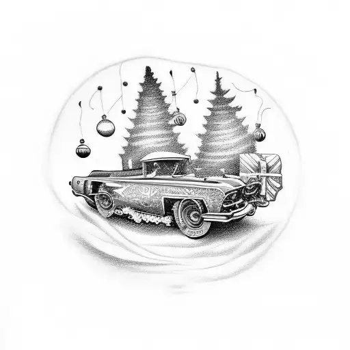 Design A Tattoo Of A Vintage Car Decorated With Holiday Lights And Ornaments