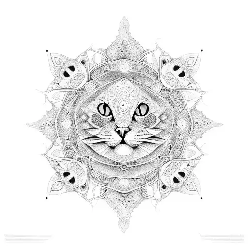 Intricate Dotwork Mandala With Hidden Cat Faces Throughout