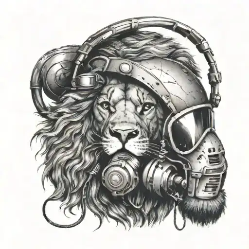 A Military Helmet With Headphones And A Lion Roaring In The Background