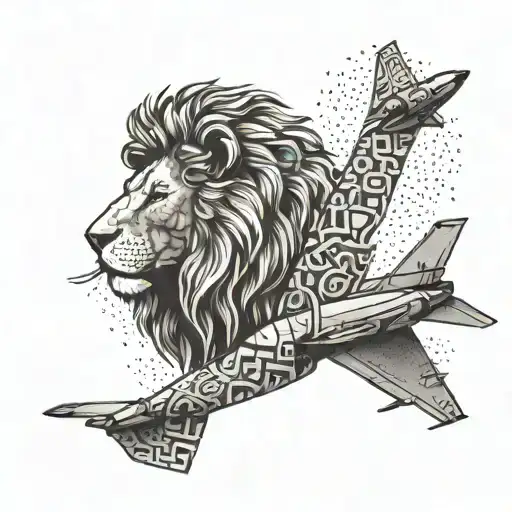 A Music Note Morphing Into A Military Jet Flying Over A Lion's Head
