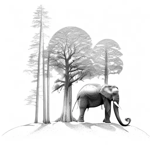 Sequoia Tree And Elephant Inside A Cave Entrance