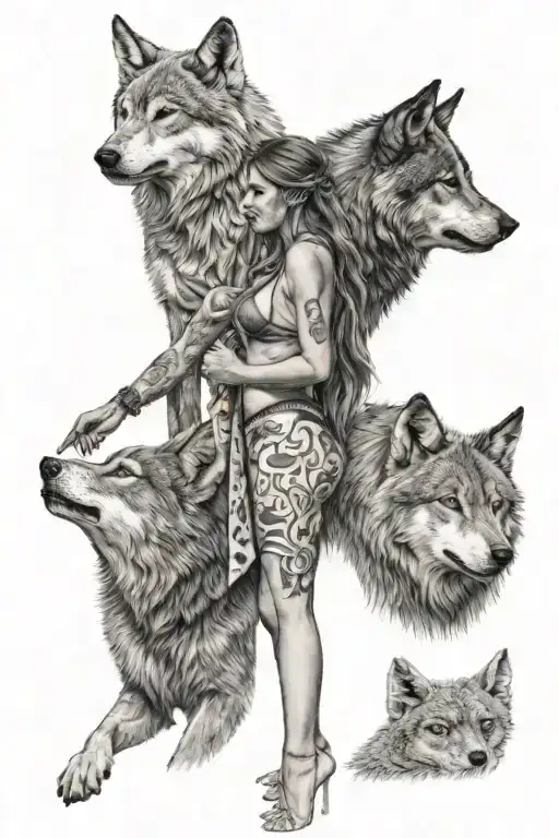 Wolf With Two Girls Worrier In Bikini Standing