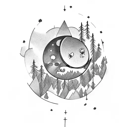 A Tattoo Of A Moon Shining Over A Mysterious Night Forest With Hidden Cybernetic Elements