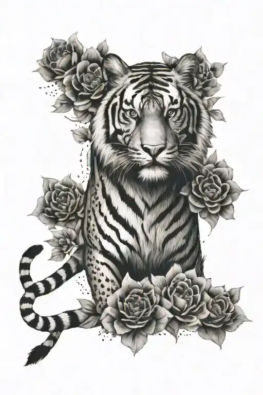 Full Body Tiger With Flowers Inside Of It's Body Tiger