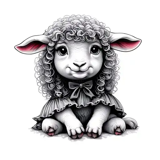 Little Sad Lamb Sit On Hand Curly Woman In Dress Don't Smile